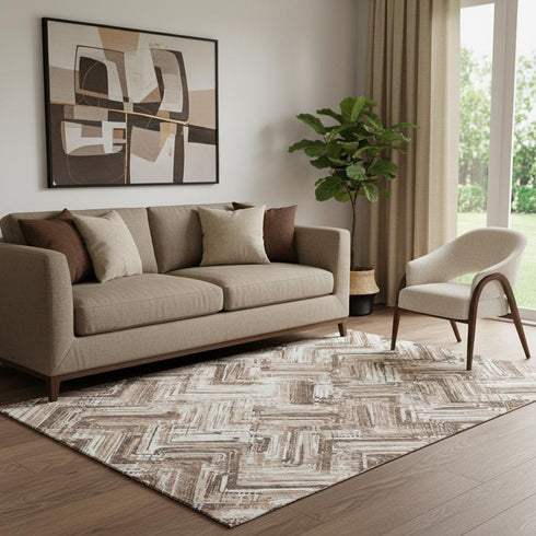 5' X 8' Brown And Ivory Chevron Washable Area Rug With UV Protection