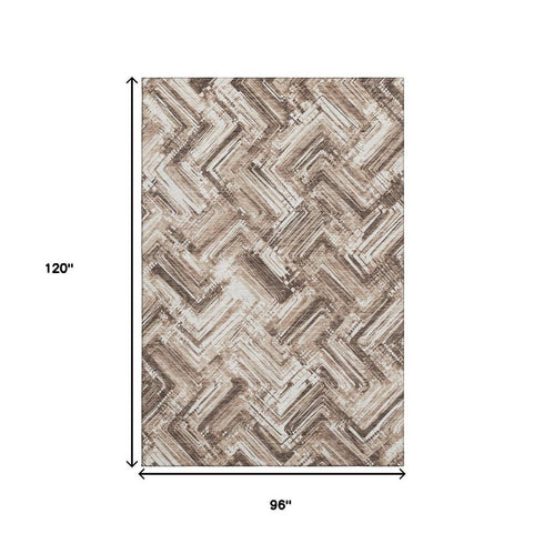 8' X 10' Brown And Ivory Chevron Washable Area Rug With UV Protection