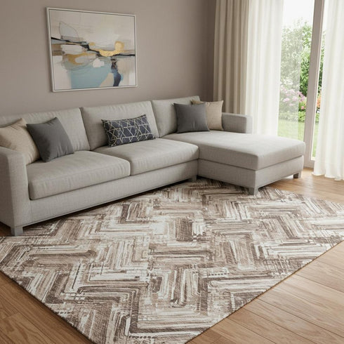 8' X 10' Brown And Ivory Chevron Washable Area Rug With UV Protection