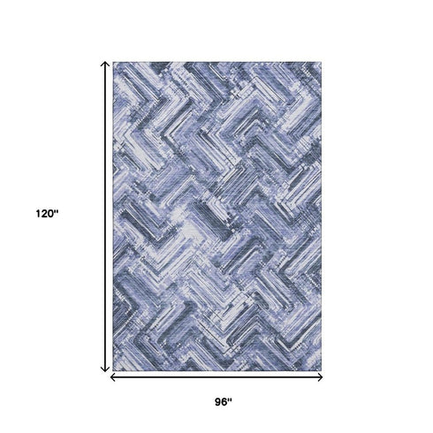 8' X 10' Blue And Ivory Chevron Washable Area Rug With UV Protection