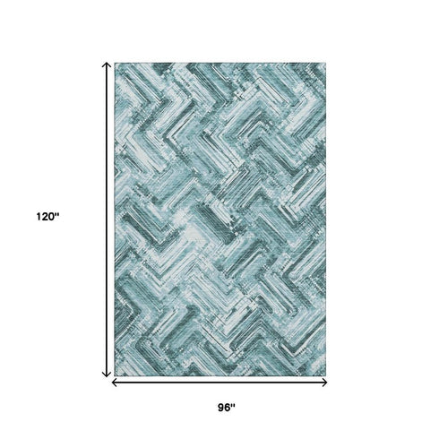 8' X 10' Teal And Ivory Chevron Washable Area Rug With UV Protection