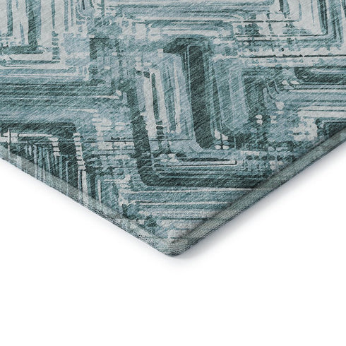 8' X 10' Teal And Ivory Chevron Washable Area Rug With UV Protection