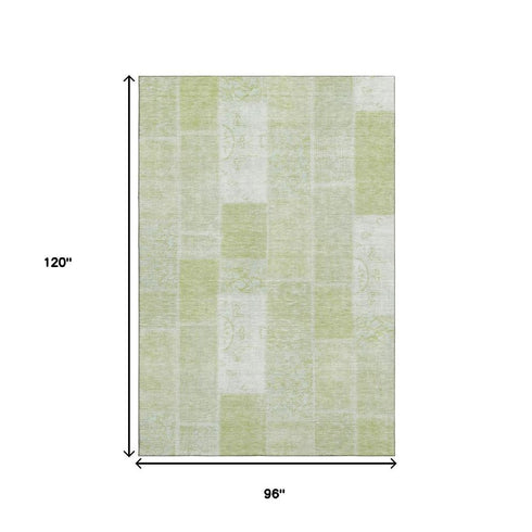 8' X 10' Artichoke Green And Ivory Patchwork Washable Area Rug With UV Protection