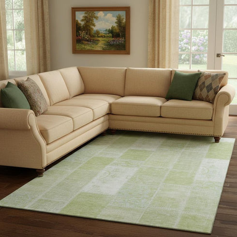 8' X 10' Artichoke Green And Ivory Patchwork Washable Area Rug With UV Protection