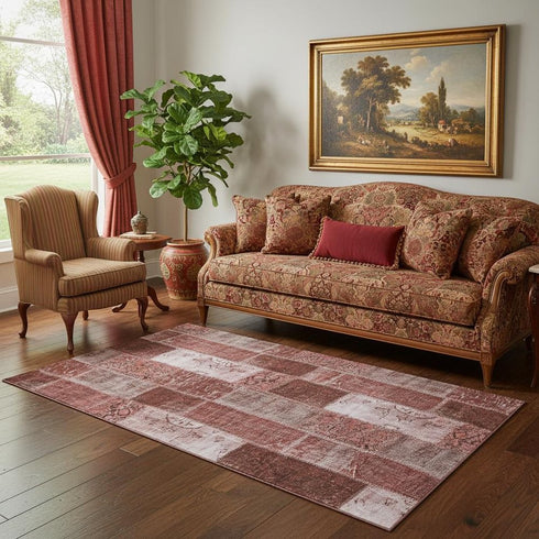 5' X 8' Burgundy And Ivory Patchwork Washable Area Rug With UV Protection