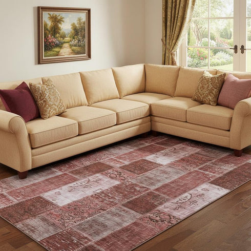 8' X 10' Burgundy And Ivory Patchwork Washable Area Rug With UV Protection