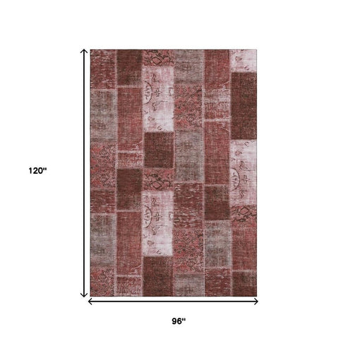 8' X 10' Burgundy And Ivory Patchwork Washable Area Rug With UV Protection
