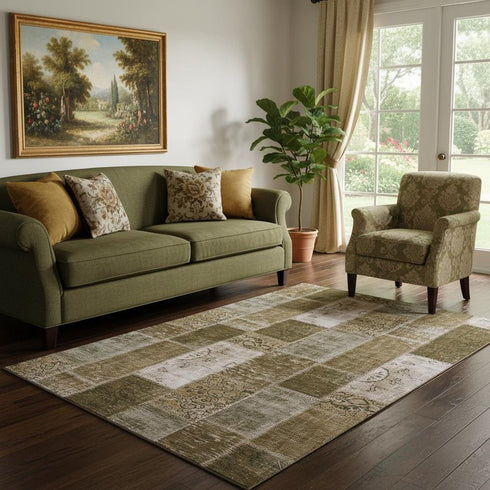5' X 8' Brown And Ivory Patchwork Washable Area Rug With UV Protection