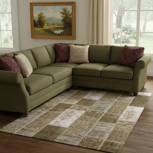 8' X 10' Brown And Ivory Patchwork Washable Area Rug With UV Protection