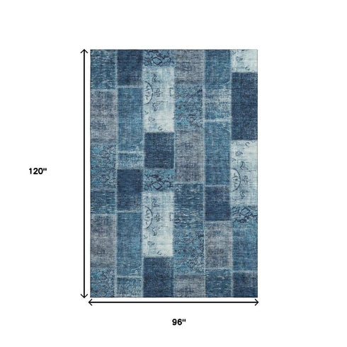 8' X 10' Blue And Ivory Patchwork Washable Area Rug With UV Protection