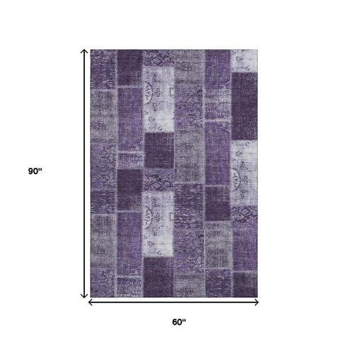 5' X 8' Purple And Ivory Patchwork Washable Area Rug With UV Protection