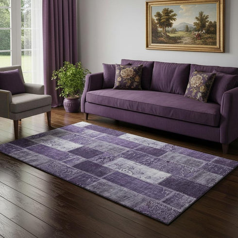 5' X 8' Purple And Ivory Patchwork Washable Area Rug With UV Protection