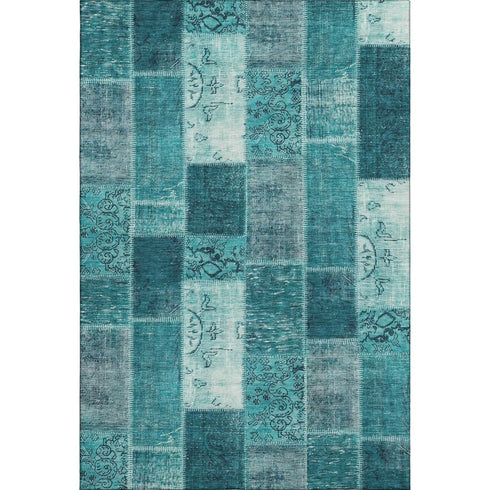 5' X 8' Teal And Ivory Patchwork Washable Area Rug With UV Protection