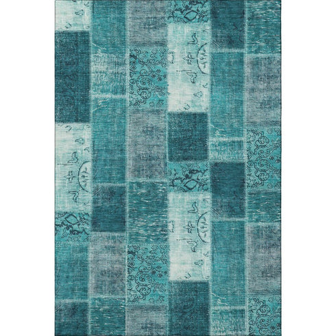5' X 8' Teal And Ivory Patchwork Washable Area Rug With UV Protection