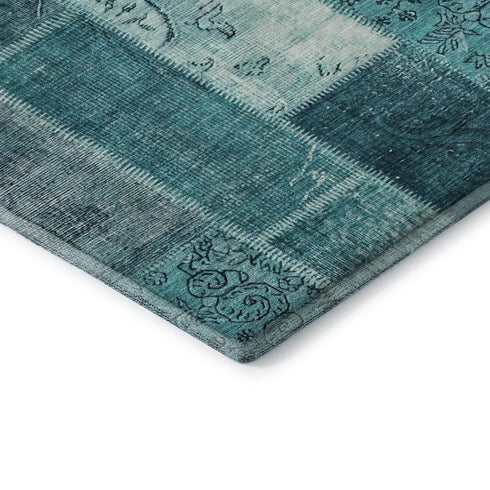 8' X 10' Teal And Ivory Patchwork Washable Area Rug With UV Protection