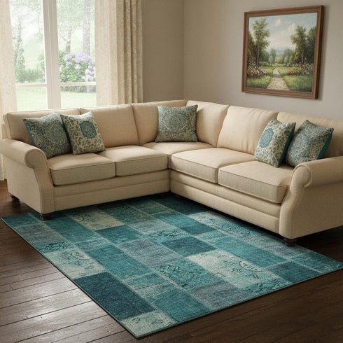 8' X 10' Teal And Ivory Patchwork Washable Area Rug With UV Protection