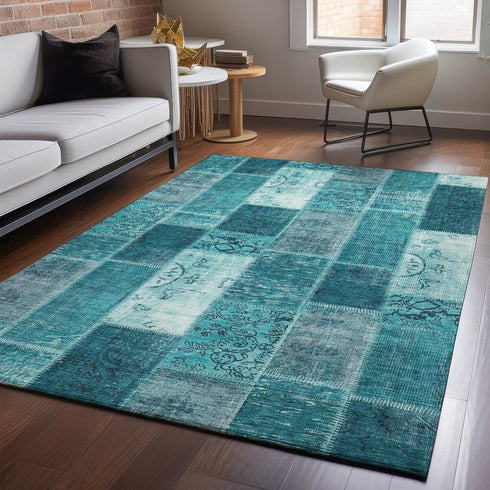 9' X 12' Teal And Ivory Patchwork Washable Area Rug With UV Protection