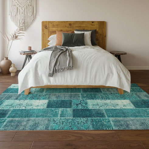 9' X 12' Teal And Ivory Patchwork Washable Area Rug With UV Protection