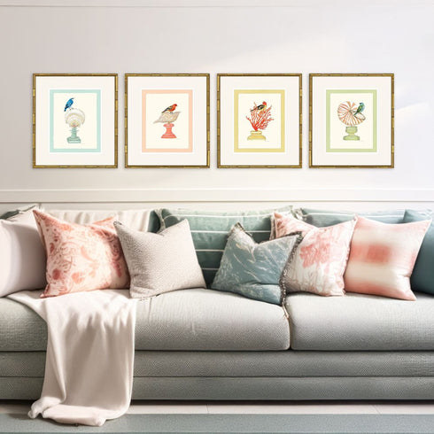 Set Of Four Bird with Shell Gold Framed Wall Art
