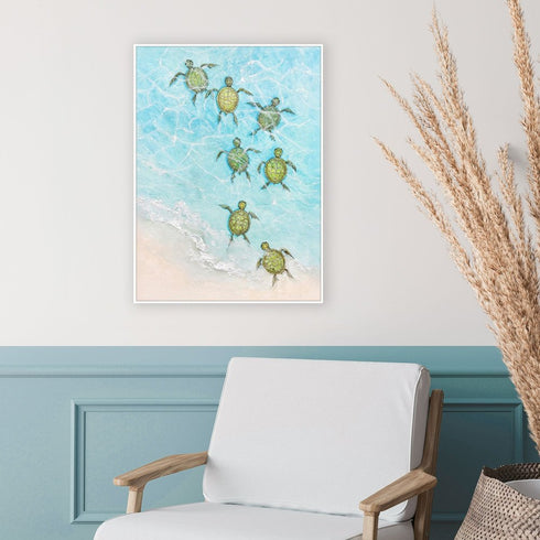 Swimming Turtles II White Framed Wall Art