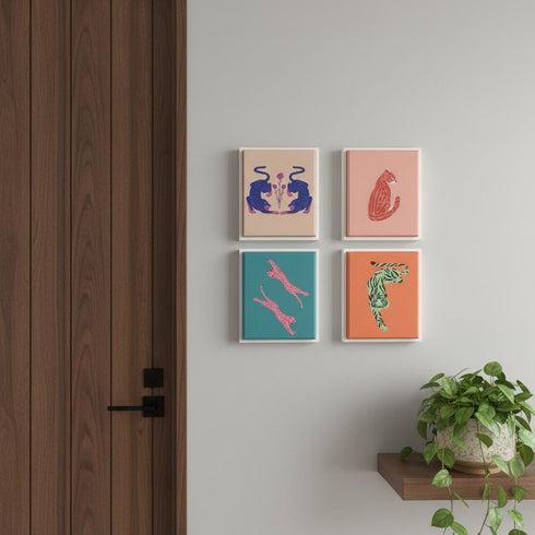 Set Of Four Big Cat White Framed Wall Art