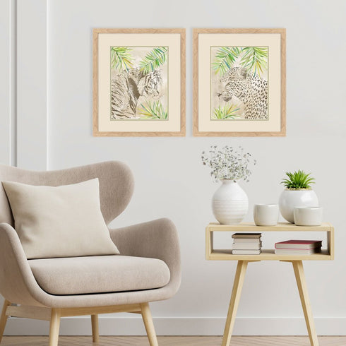 Set Of Two Boho Jungle Cat Brown Framed Wall Art