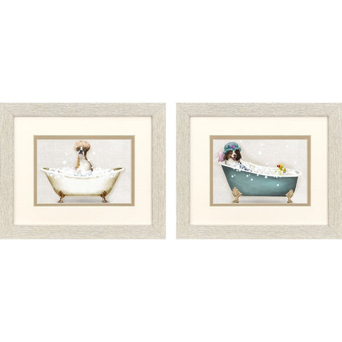 Set Of Two Bath Dogs I Distressed White Framed Wall Art