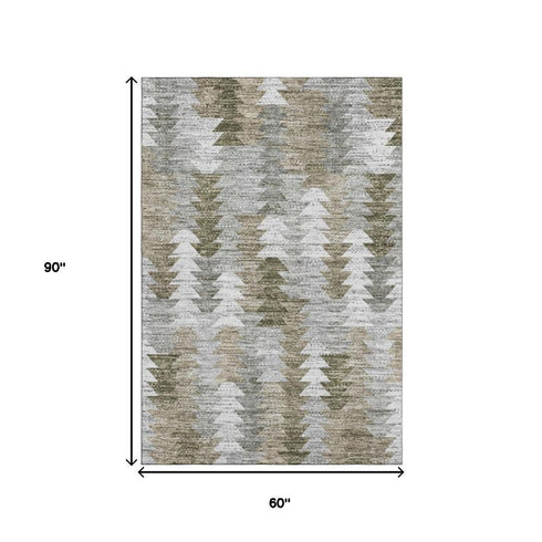 5' X 8' Brown Ivory And Gray Geometric Washable Area Rug With UV Protection