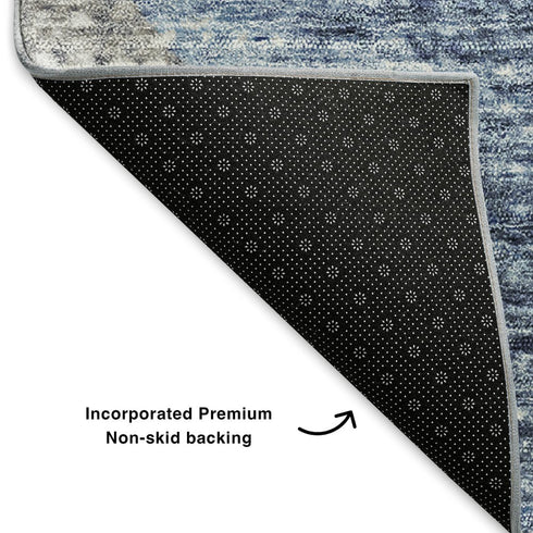 5' X 8' Blue Ivory And Gray Geometric Washable Area Rug With UV Protection