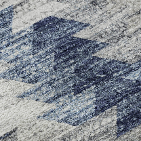 5' X 8' Blue Ivory And Gray Geometric Washable Area Rug With UV Protection