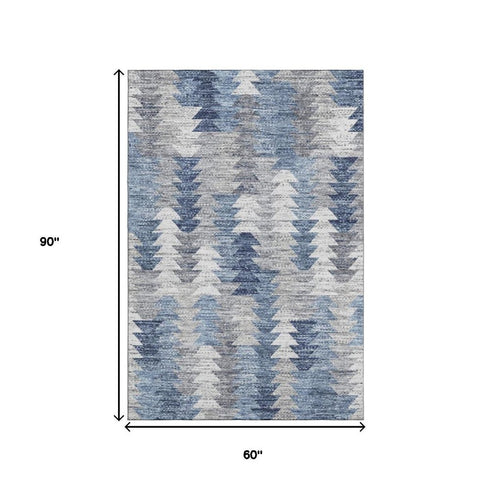 5' X 8' Blue Ivory And Gray Geometric Washable Area Rug With UV Protection
