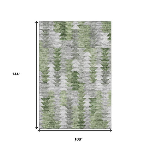 9' X 12' Green Ivory And Gray Geometric Washable Area Rug With UV Protection