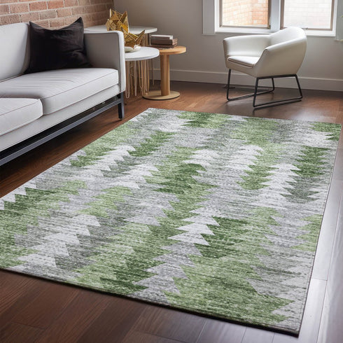 9' X 12' Green Ivory And Gray Geometric Washable Area Rug With UV Protection