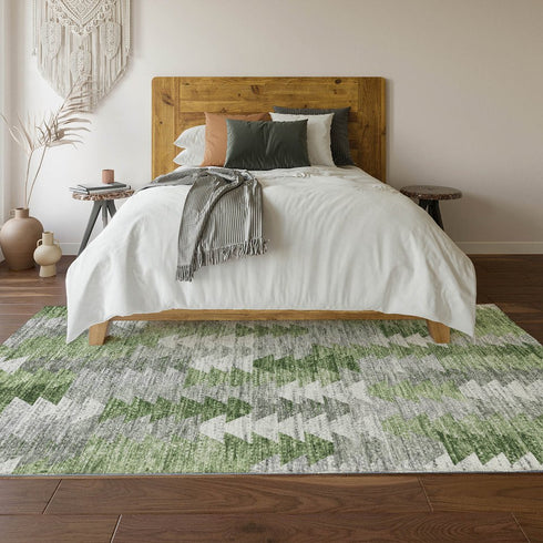 9' X 12' Green Ivory And Gray Geometric Washable Area Rug With UV Protection