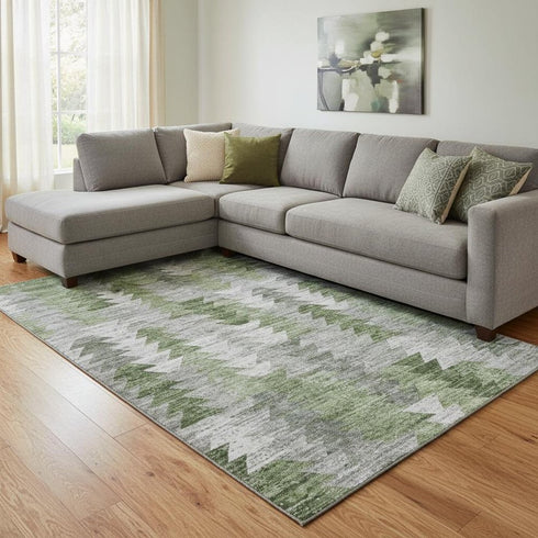 9' X 12' Green Ivory And Gray Geometric Washable Area Rug With UV Protection