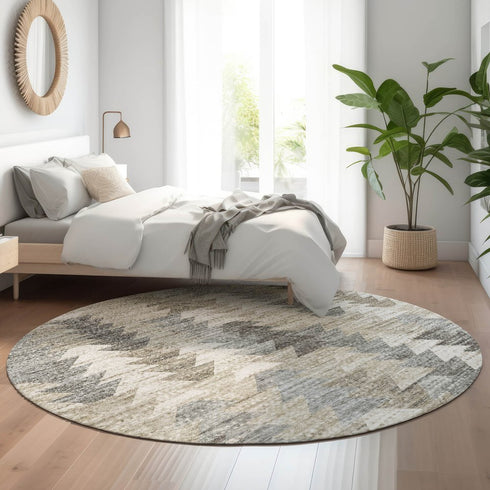 8' Taupe Ivory And Gray Geometric Washable Round Rug With UV Protection