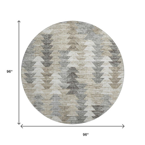8' Taupe Ivory And Gray Geometric Washable Round Rug With UV Protection