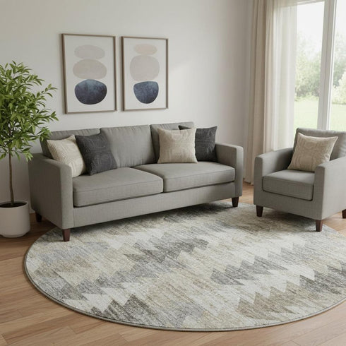 8' Taupe Ivory And Gray Geometric Washable Round Rug With UV Protection