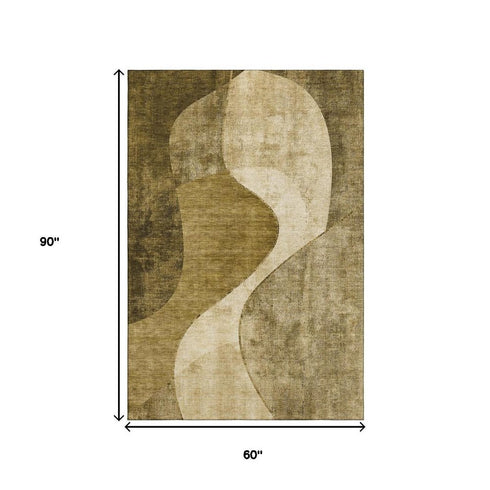 5' X 8' Brown And Beige Abstract Washable Area Rug With UV Protection