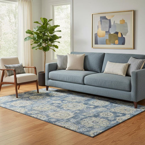 5' X 8' Blue Ivory And Gold Floral Washable Area Rug With UV Protection