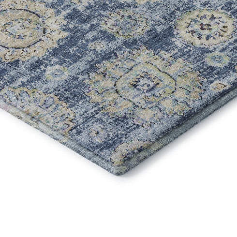 5' X 8' Blue Ivory And Gold Floral Washable Area Rug With UV Protection