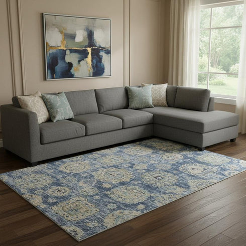 8' X 10' Blue Ivory And Gold Floral Washable Area Rug With UV Protection