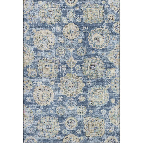 8' X 10' Blue Ivory And Gold Floral Washable Area Rug With UV Protection