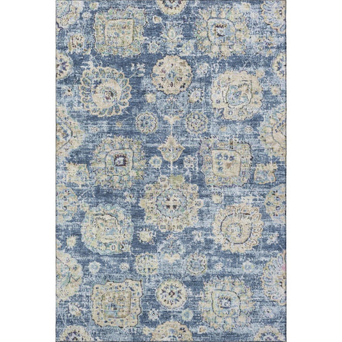 8' X 10' Blue Ivory And Gold Floral Washable Area Rug With UV Protection