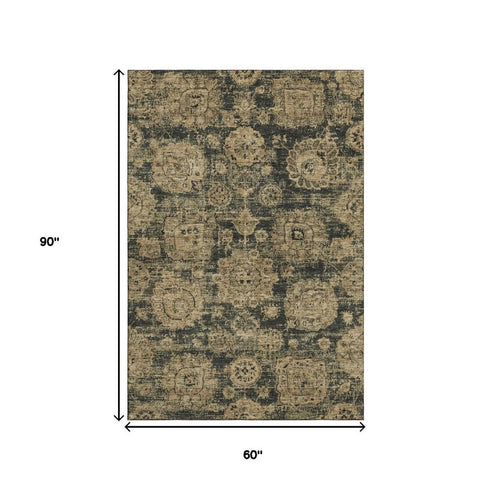 5' X 8' Charcoal And Brown Floral Washable Area Rug With UV Protection