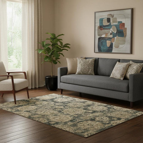 5' X 8' Charcoal And Brown Floral Washable Area Rug With UV Protection