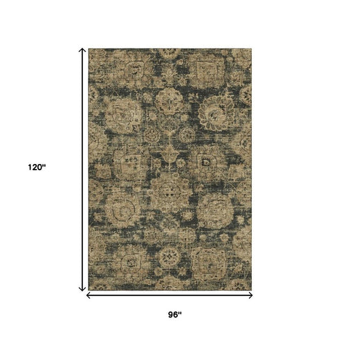 8' X 10' Charcoal And Brown Floral Washable Area Rug With UV Protection