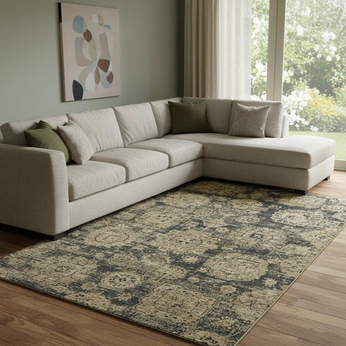8' X 10' Charcoal And Brown Floral Washable Area Rug With UV Protection