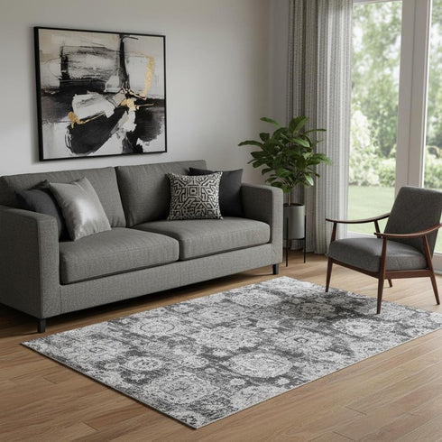 5' X 8' Gray And Ivory Floral Washable Area Rug With UV Protection