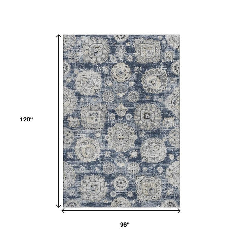 8' X 10' Navy Blue And Ivory Floral Washable Area Rug With UV Protection